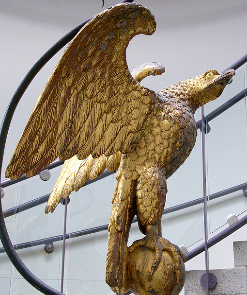 This Beecher eagle, now in the Portsmouth Public Library, was mounted on the Liberty Pole in the Portsmouth South End in 1824 to commemorate the Sons of Liberty and their protest of King George's Stamp Act in 1765 — "Liberty, Property and No Stamp" — ten years before the Declaration of Independence. Click here for the full story. (Jim Cerny photo)